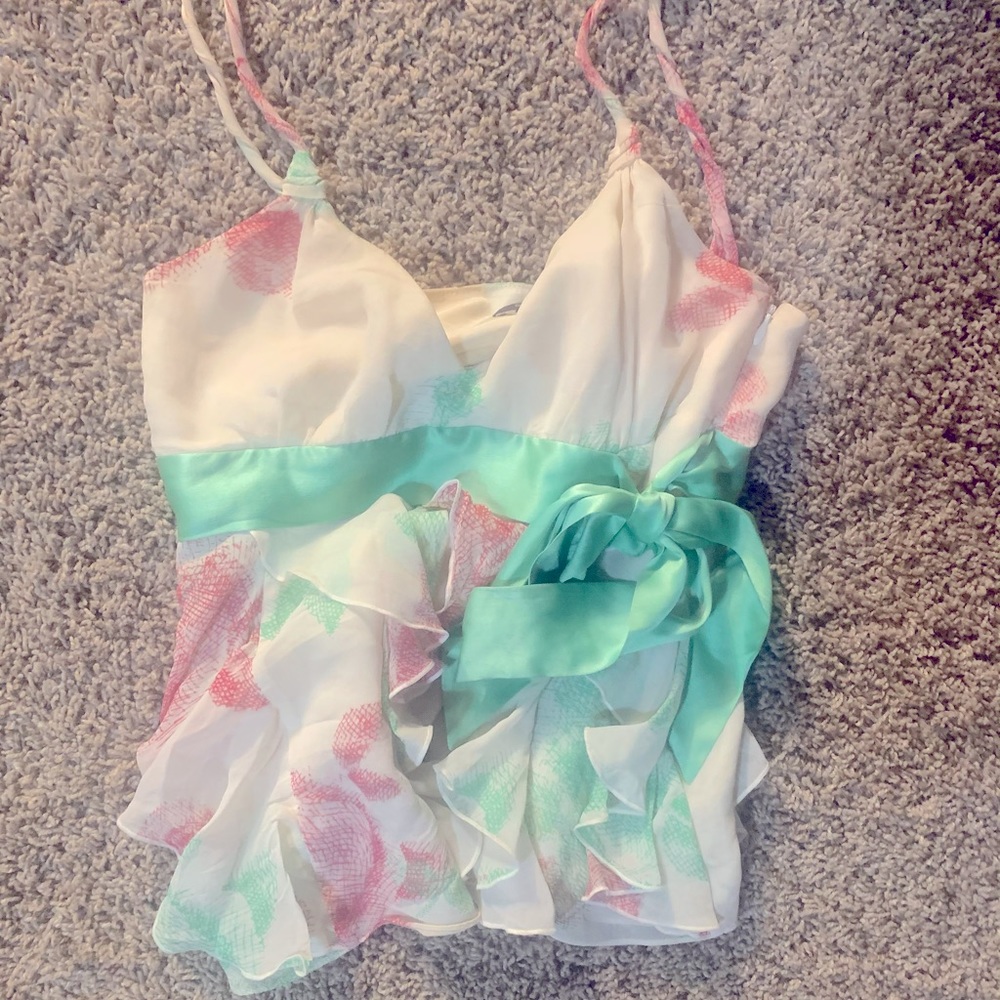 BCBG FLORAL XS TOP WITH SATIN TIED BOW